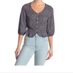 Good Luck Gem Blouson Sleeve Blue Ditsy Floral Button Front Top